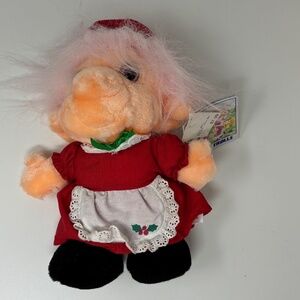 Vintage Trolio Trolls Troll Doll Pink Hair In Red Christmas Dress White Apron